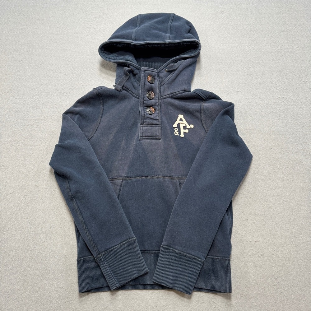 Abercrombie & Fitch Hoodie Men's Small Navy Blue Muscle Fit Henley Logo Pullover